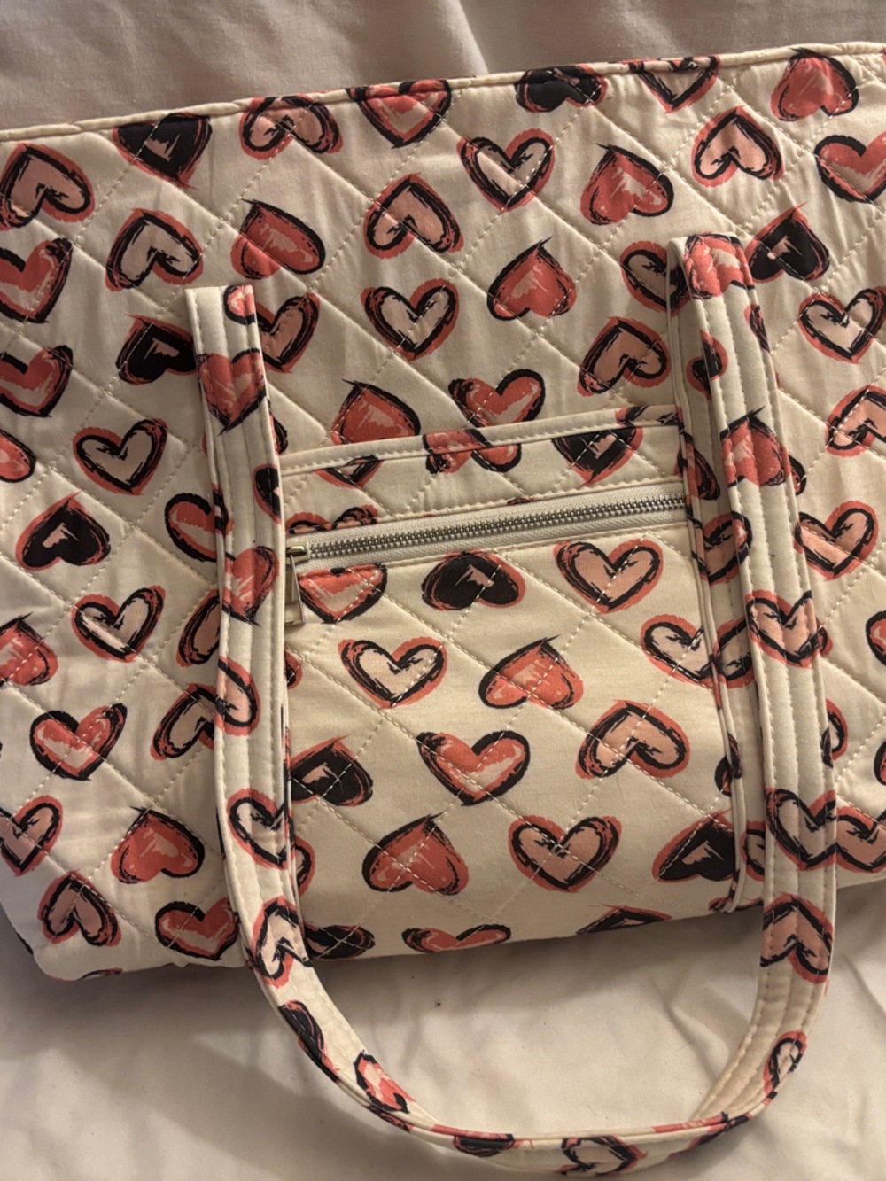White Heart-Print Quilted large Tote Bag - Pink & Black Hearts travel Carry on